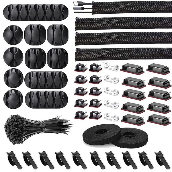 152 PCS Cable Management Kit, Fixed Cable Ties with Wire Manager Sleeve, Self Adhesive Velcro, Cable Clips, Desktop Cable Clips