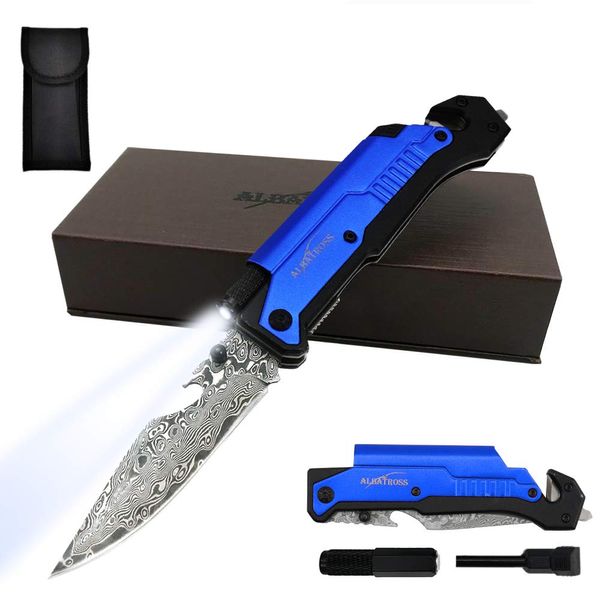 ALBATROSS 6-in-1 Modern Damascus Steel Folding Pocket Knives with LED Light,Seatbelt Cutter,Glass Breaker,Magnesium Fire Starter,Bottle Opener;Multi-Function Emergency Tool