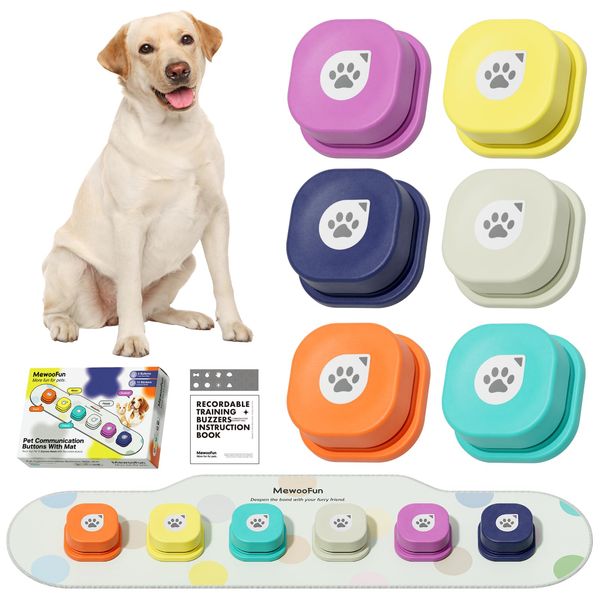 MEWOOFUN Dog Recording Buttons, 6 Pieces, Conversation Buttons, Voice Buttons, Bells, Communication, Training, Training, Pets, Educational Toy, Natural Rubber Mat Included, 2.0 Version