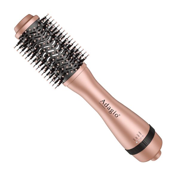 Adagio California Blowout Brush: 2-in-1 Hot Air Brush Styler and Dryer - Negative Ion Round Brush - Hair Dryer Brush with Straightener Function - Hair Styling Tools for Women… (2-inch, Rose Gold)