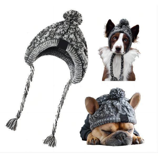 Haustier Pompom Strickmütze, FainFun Gestrickte Warm Winddicht Hundemütze, Winddichte Haustier Kopfbedeckung für Winter, Graue Gestrickte Hund Kappen, Flauschige Warme Hundehut mit Langem Zopf, M