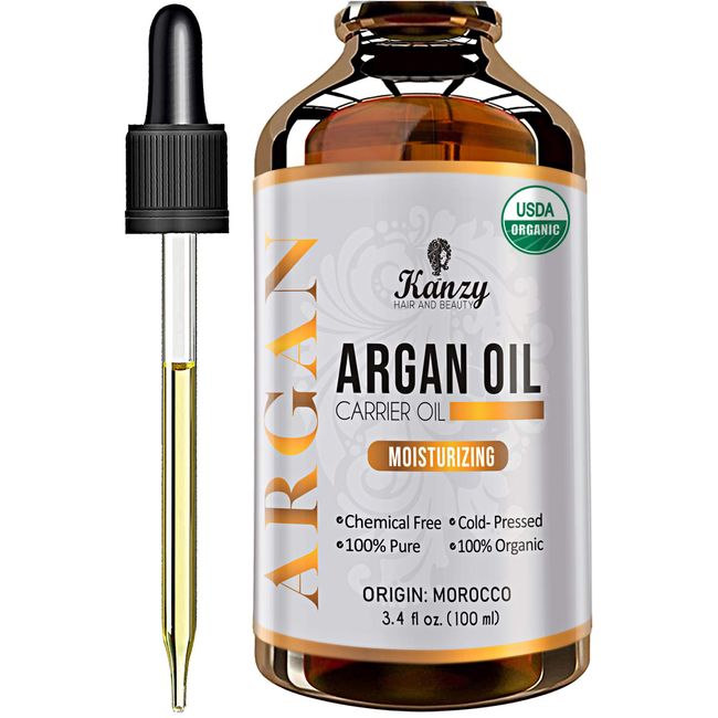 Kanzy Argan Oil 100% Pure Bottled in Morocco 100ml Organic Moroccan Hair Oil for Dry Damaged Hair, Vegan Cold Pressed Natural Oil for Men and Women for Face, Skin and Body