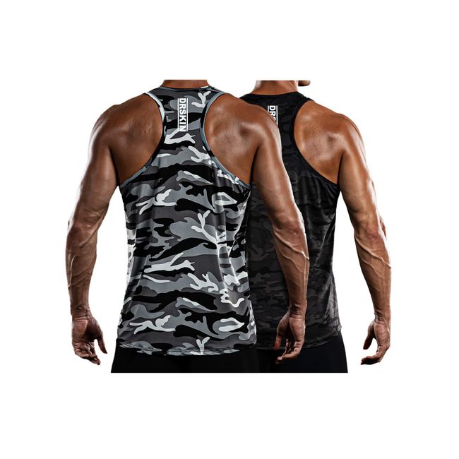 DRSKIN Men's 2 Pack Dry Fit Y-Back Muscle Tank Tops Sleeveless Gym Bodybuilding Training Athletic Workout Cool Shirts (BTF-TA-(MGY,MBB), M)