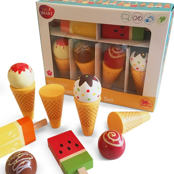 Wooden Play Ice Cream Set - Ice Cream Cones & Ice Lollies Pretend Role Play Food Toys for Toddlers | Magnetic Swappable Ice Creams | Kids Imaginative Play Food | Birthday Gifts for Boys & Girls