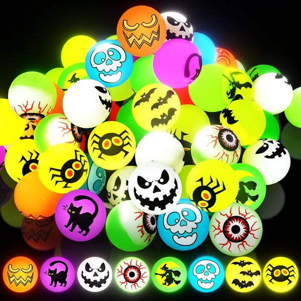 72 Glow in The Dark Halloween Bouncy Balls, 8 Halloween Designs - Eyeball Toy for Kids, Halloween Party Favor Supplies, School Classroom Game Rewards, Trick or Treating Goodie - With Pouch Bag