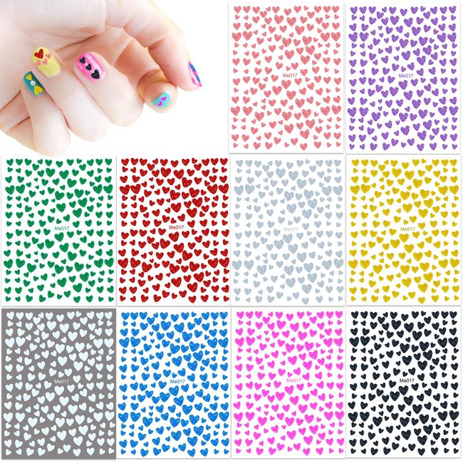 IHUKEIT 10 Sheets Glitter Heart Nail Stickers for Women Girls Kids Nail Decoration 3D Self Adhesive Shinning Nail Decals for Fingernails and Acrylic Nails Design (Glitter Heart)