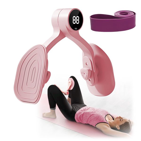 QIUTONG Thigh Master, [2025 Upgraded] LED Pelvic Floor Exercise Devices, 360° Thigh Master Thigh Exerciser with Resistance Band, Inner Thigh Exerciser, Thigh Master Hip Trainer Kegel Excerciser, Pink