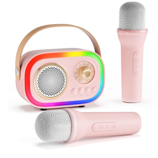 Mini Karaoke Machine for Kids with 2 Wireless Microphone, Portable Bluetooth Speaker, Kids Karaoke Machine to Sing Anywhere, for Girls, Gifts for Girl 6 7 8 9 10 11 12 Years Old (Pink)