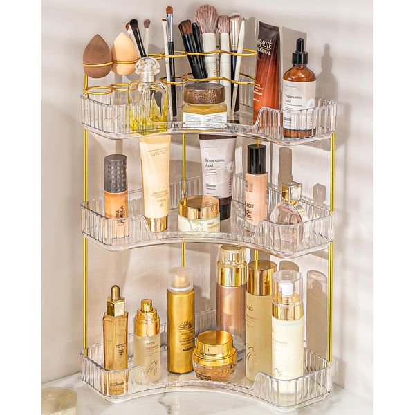 3-Tier Clear Makeup Organizer for Vanity Includes Brush Holder Space Saving