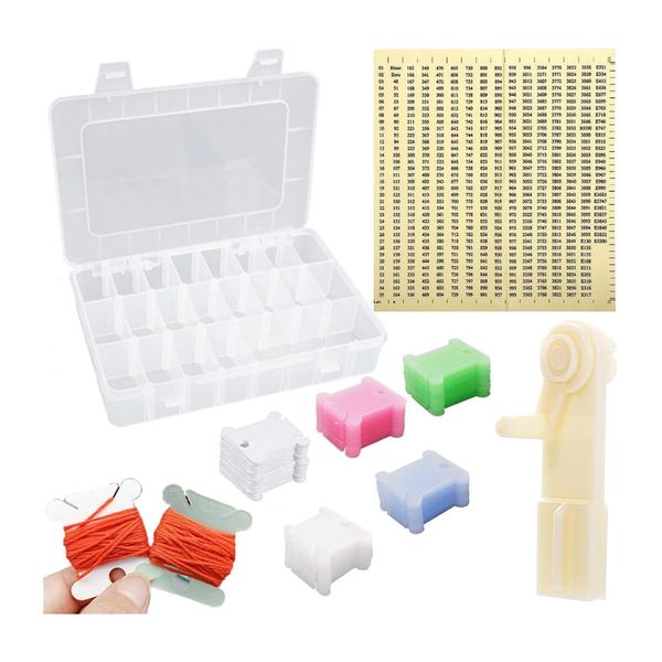 Fychuo Embroidery Thread Organiser Set, 150 PCS Coloured Plastic Floss Bobbins with Embroidery Box & Floss Number Stickers for DIY Craft Sewing, Cross Stitch Accessories