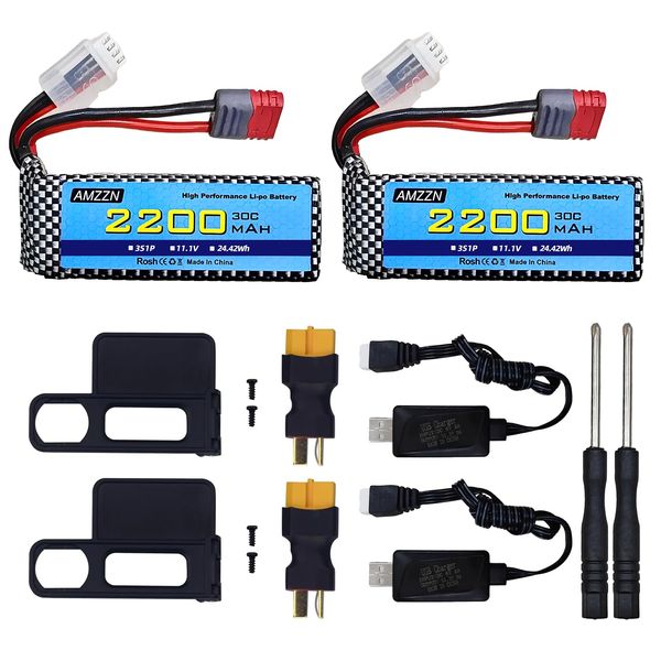 AMZZN 2PCS 11.1V 2200mAh 30C 3S T-Plug Lipo Battery with USB Charger for MJX H16 H16P H16E H16GT H16BM H16DR H16PL 14301 RC Car, High-Speed Drift Model Toy Car Upgraded Battery (2PCS Battery+2 USB)