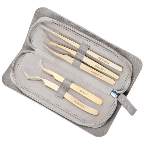 SEEDEW Eyelash Tweezers Set, 5 Golden Stainless Steel Tweezers + 1 Storage Bag, Insulation Tweezers for Eyelash Extension, Beginner, Eyelash Technique, Beauty, Eyelashes, Nail Salon, Perfect