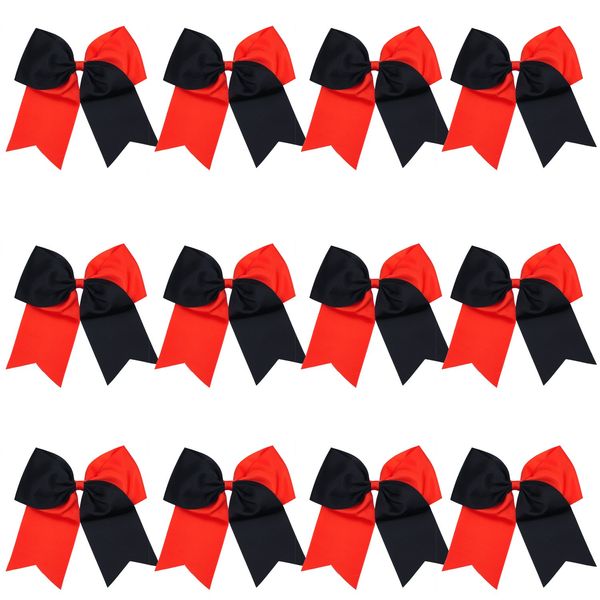 8 Inch 2 Colors Jumbo Cheerleader Bows Ponytail Holder Cheerleading Bows Hair 12 Pcs (Red/Black)