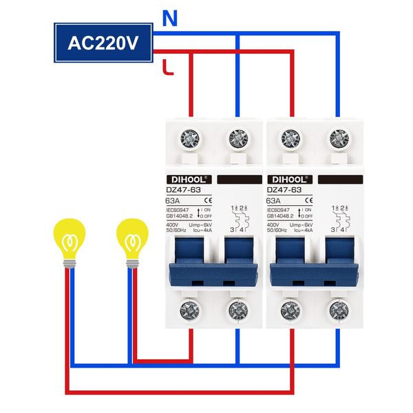 DIHOOL Miniature Circuit Breaker MCB, 2 Pole, 63Amp,230VAC,Type C