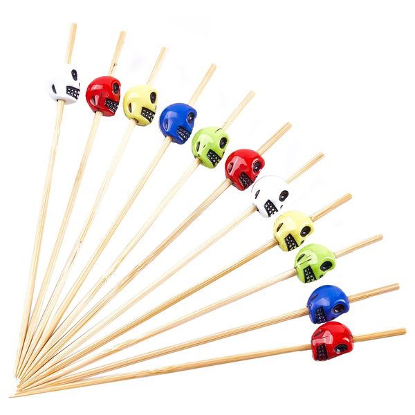 PuTwo Cocktail Picks Handmade Bamboo Toothpicks 100ct 4.7" in Multicolor Skulls