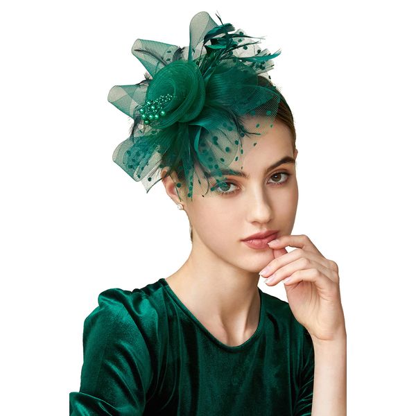 BABEYOND Mesh Feather Fascinator Flower Hair Clip Fascinators Hat Bridal Headpiece Bridal Headpiece Wedding Church Tea Party Derby Hats Race Hats (Dark Green)