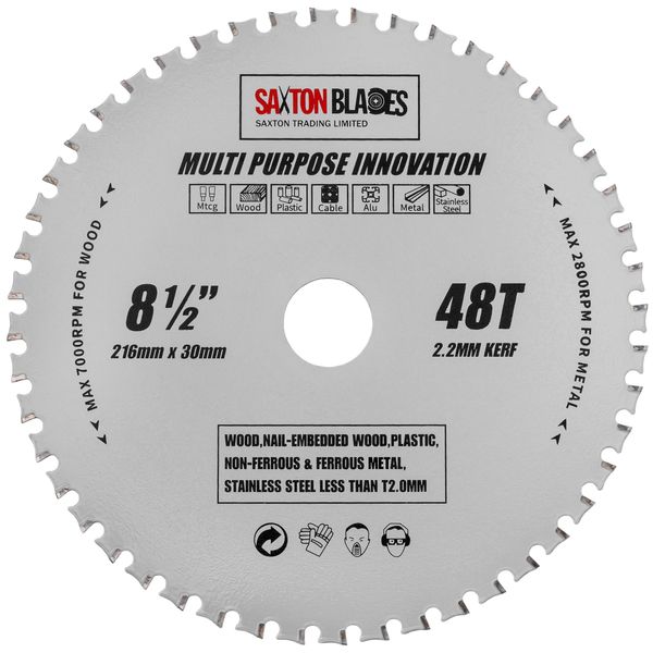 TCT21648TMPT Saxton TCT Multi Purpose Innovation Circular Saw Blade 216mm x 48T Wood and Metal fits Bosch Dewalt Ryobi Makita etc