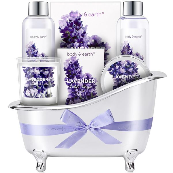 Gift Set for Women - Bath Sets for Women Gift, Body & Earth Lavender Gift Sets with Bubble Bath, Body Lotion, Scented Candle, Valentines Day Spa Gifts for Women, Easter Gifts for Women