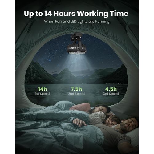 Gaiatop Portable Camping Fan with LED Lantern, 360°Rotation and Clip on for Desk, 4000mAh USB Rechargeable Battery Powered, Digital Display and Hanging Hook for Tent Outdoor Travel Bedroom Black