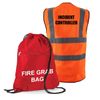 Workplace Fire Evacuation Kit - Printed Red Documents & Equipment Drawstring Fire Grab Bag with Hi Visibility Printed Incident Controller Vest