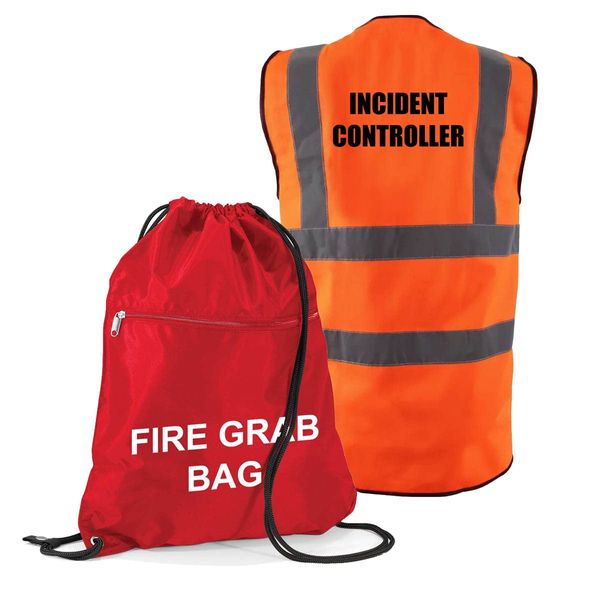Workplace Fire Evacuation Kit - Printed Red Documents & Equipment Drawstring Fire Grab Bag with Hi Visibility Printed Incident Controller Vest