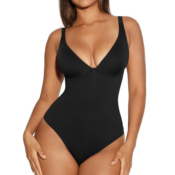 FeelinGirl Bodysuits for Women Tummy Control Shapewear Thong Body Suit, Black, Meidum