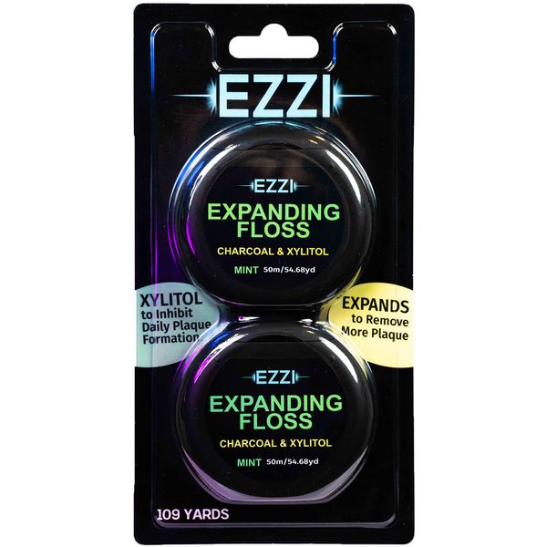 EZZI Woven Expanding Dental Floss | Naturally Waxed & Textured w/Charcoal & Xylitol to Optimally Clean Gums | Mint | Thick & 109 Yards