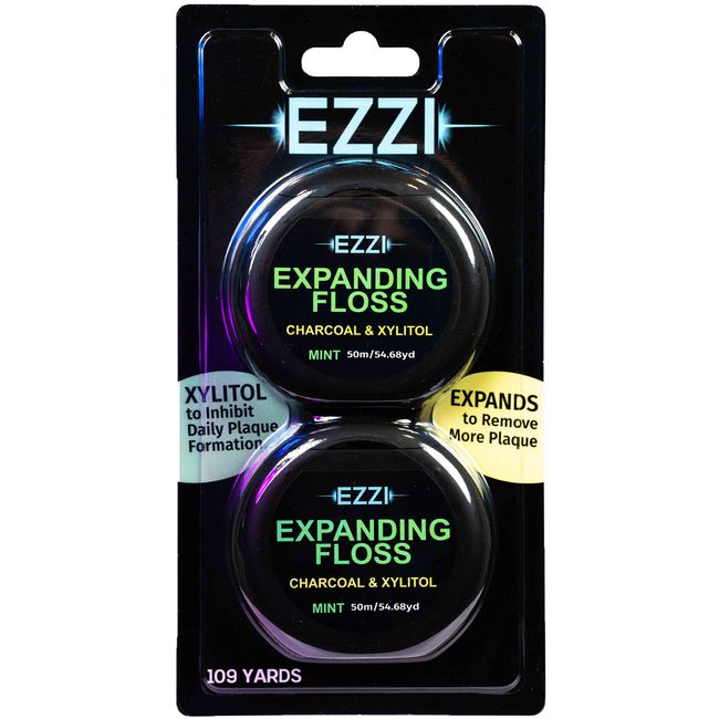 EZZI Woven Expanding Dental Floss | Naturally Waxed & Textured w/Charcoal & Xylitol to Optimally Clean Gums | Mint | Thick & 109 Yards