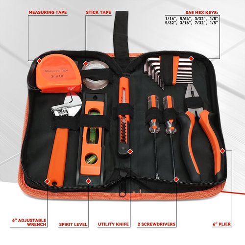 Auto Dynasty 16 Pcs Household Auto Repair Hand Tool Kit Set with Allen Keys Screwdrivers Tool Set Tap Measure Adjustable Wrench Utility Knife for Home Garage Warehouse Repair, Orange