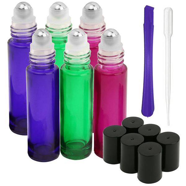 10ml Glass Roller on Bottles with Stainless Steel Roller Ball 6pcs- Refillable Essential Oil Roller Bottles with Lid Opener Pry Tool & 1 Transfer Pipettes, Great for Aromatherapy, by JamHooDirect