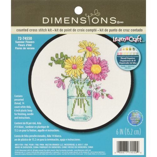 Dimensions Summer Flowers Counted Cross Stitch Kit for Beginners, White 14 Count Aida Cloth, 6'' D