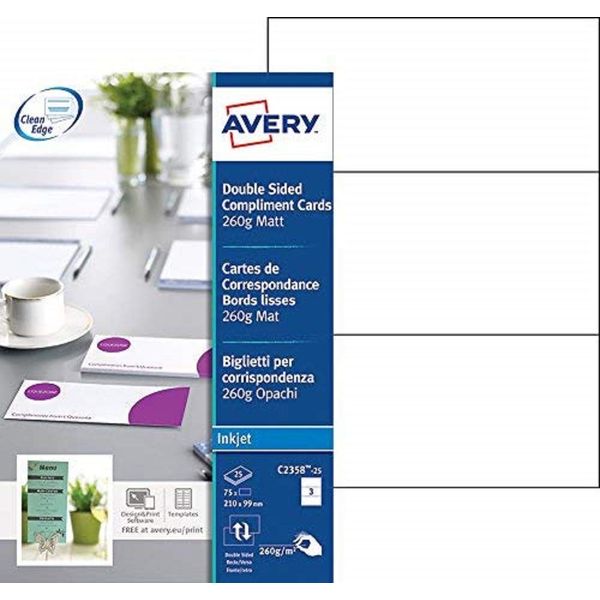 Avery C2358-25 Printable Customisable Double-Sided Compliment Cards, 3 Cards Per A4 Sheet, White
