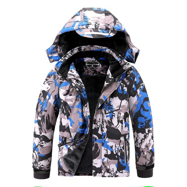 OHSNMAKSL Boy's Waterproof Ski Jacket Warm Winter Snow Coat Kids Fleece Snowboarding Thick Hooded Windproof Coats Blue camo-10-12