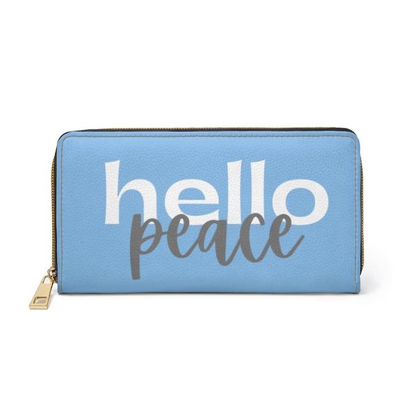 Womens Wallet, Zip Purse, Light Blue & White Hello Peace - One size