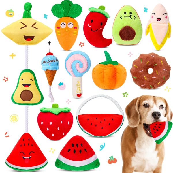 SilTriangle 12 Pcs Dog Squeaky Toys Stuffed Carrot Dog Toy Dog Cute Stuffed Animal Puppy Toys, Cute Chew Toys, Pet Toys Dog Plush Toy for Dog Playing Training Teeth Cleaning (Fruit and Vegetable)