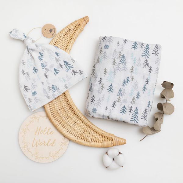 Miaoberry Organic Muslin Swaddle Set with Matching Beanie n Birth Announcement Card, Solitude, Winter Forest, Pine Tree