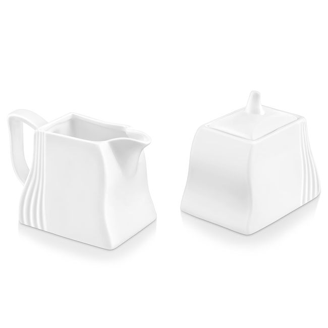 MALACASA Cream and Sugar Sets with Lids, 3-Piece Porcelain White Pitcher and Sugar Bowl Coffee Serving Set, Series Amparo