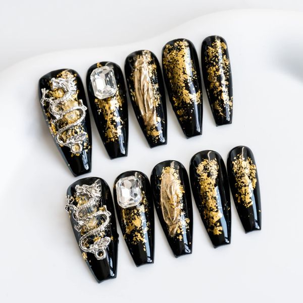 Sun&Beam Nails Handmade Nail Tip, Medium, Long, Ballerina, Black, Gold, Popular, 3D Dragon, Stylish, Cute Design, False Nails, Set of 10 (#52 S)