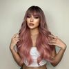 VAIRETY Long Pink Wig with Bangs, 26 inch Long Wavy Bob Wig, Ombre Pink Heat Resistant Synthetic Wigs for Women, Women's Wigs for Daily Party Wear