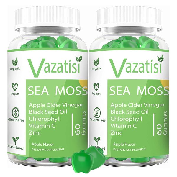 2 Pack Organic Irish Sea Moss Gummies with Apple Cider Vinegar, Black Seed Oil, Chlorophyll - Thyroid, Digestion, Mood, Energy & Immune Support - Women & Men, Adult & Kid - 120 Vegan Gummies