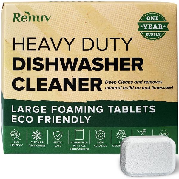 Renuv Heavy Duty Dishwasher Cleaner, Deodorizer, Descaler Tablets, Deep Cleans, Removes Odor, Calcium, Limescale, Hard Water Marks (12 Tabs - 1 Yr Supply)