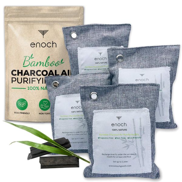 Enoch Bamboo Charcoal Purifying Bags (4 Packs) Activated Odor Moisture Absorber, Natural Air Freshener. Air Deodorizer Dehumidifier Bags for Homes, Cars, Shoes, Fridges, Closets (4x200g)