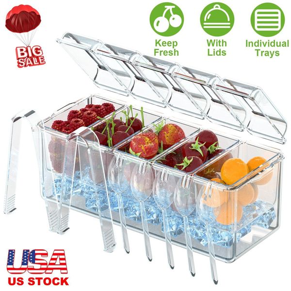 Ice Chilled Condiment Server Tray Fruit Caddy with Lid Serving Tray for Party