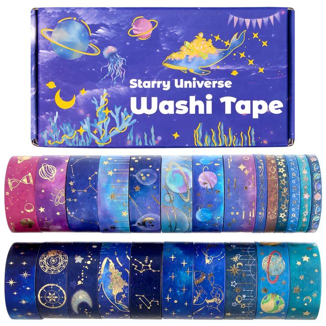 Biuunsf 24 Rollen Washi Tape Set - Goldfolie Glitter Galaxis Masking Tape, Dekoratives Klebeband Bunt für Verschönern Bullet Journals, Diy handwerk, Scrapbooking, Planner