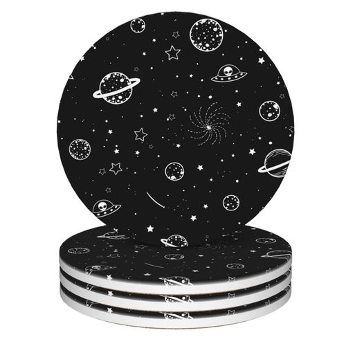 Drink Coasters Set of 4, Black and White Stars Planets and Aliens Coasters for Drinks Ceramic Coasters with Cork Bottom for Kinds of Mugs and Cups,Home Decor,4''