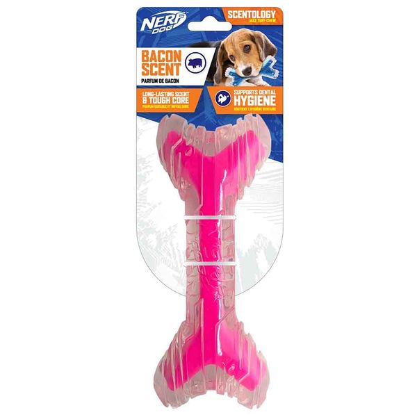 Nerf Dog 9in TPR/PP Scented Bacon SuperScent Bone Solid Core -Clear/Pink, (NF-7132)
