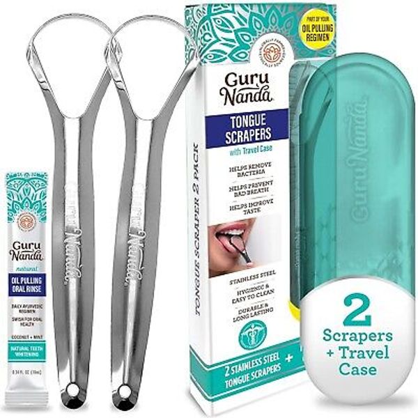 GuruNanda Stainless Steel Tongue Scraper-2 Pack with Case-Fresh Breath+Oral Care