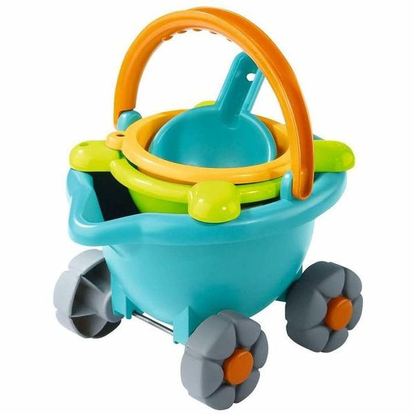 HABA Sand Bucket Scooter - 4 Piece Nesting Beach Toy Set for Toddlers with Portable Sand Bucket, Sieve, Shovel and Pail on Wheels