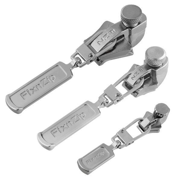 FixnZip Small Medium Large Silver Nickel Replacement Zipper Slider Zip Puller Repair Kit 3 Pack
