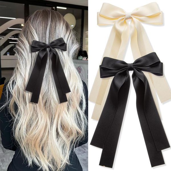 Large Double Hair Ribbons, 2 PCS Ribbon Bow for Women,Hair Bows for Women,Hair Ribbons,bow hair clips,bow clips,hair ribbon bow clip，hair ribbons for women，Large Hair Barrettes for Women(Beige Black)